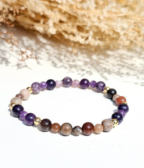 Bracelet Lépidolite & Bois fossilisé – Apaisement & Ancrage