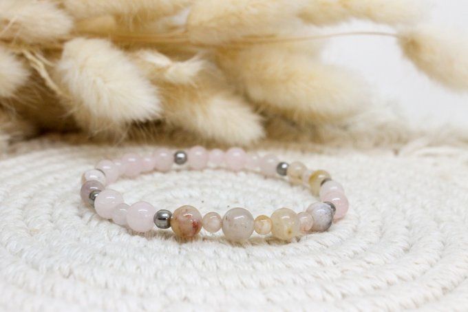 Bracelet Agate Fleur & Quartz rose – Douceur & Épanouissement du cœur