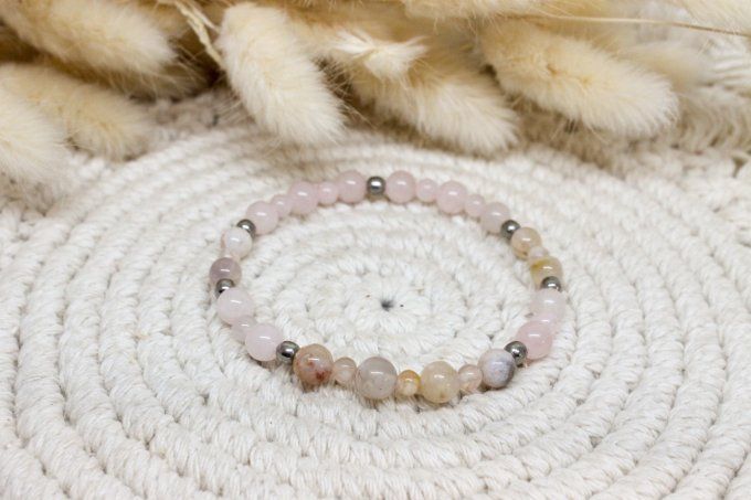Bracelet Agate Fleur & Quartz rose – Douceur & Épanouissement du cœur